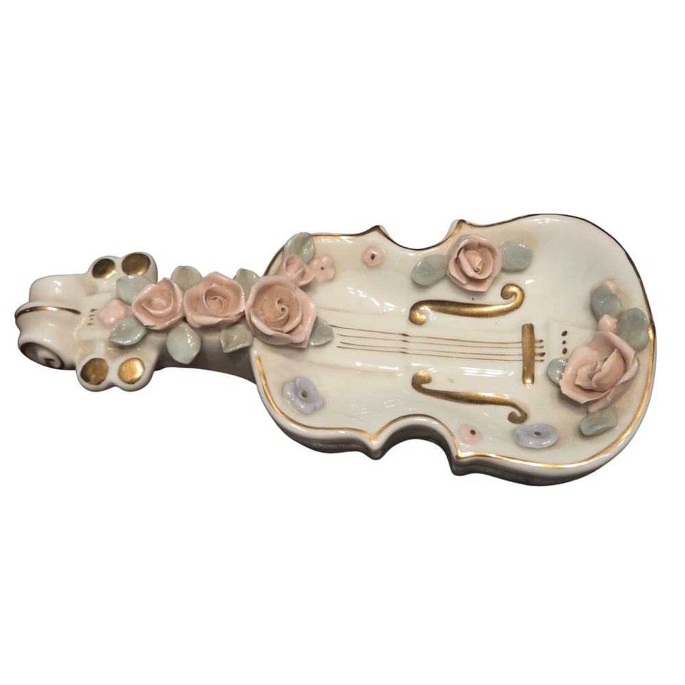 Lefton China Violin Trinket‎  Ivory Pink Gold Floral Vintage Rose